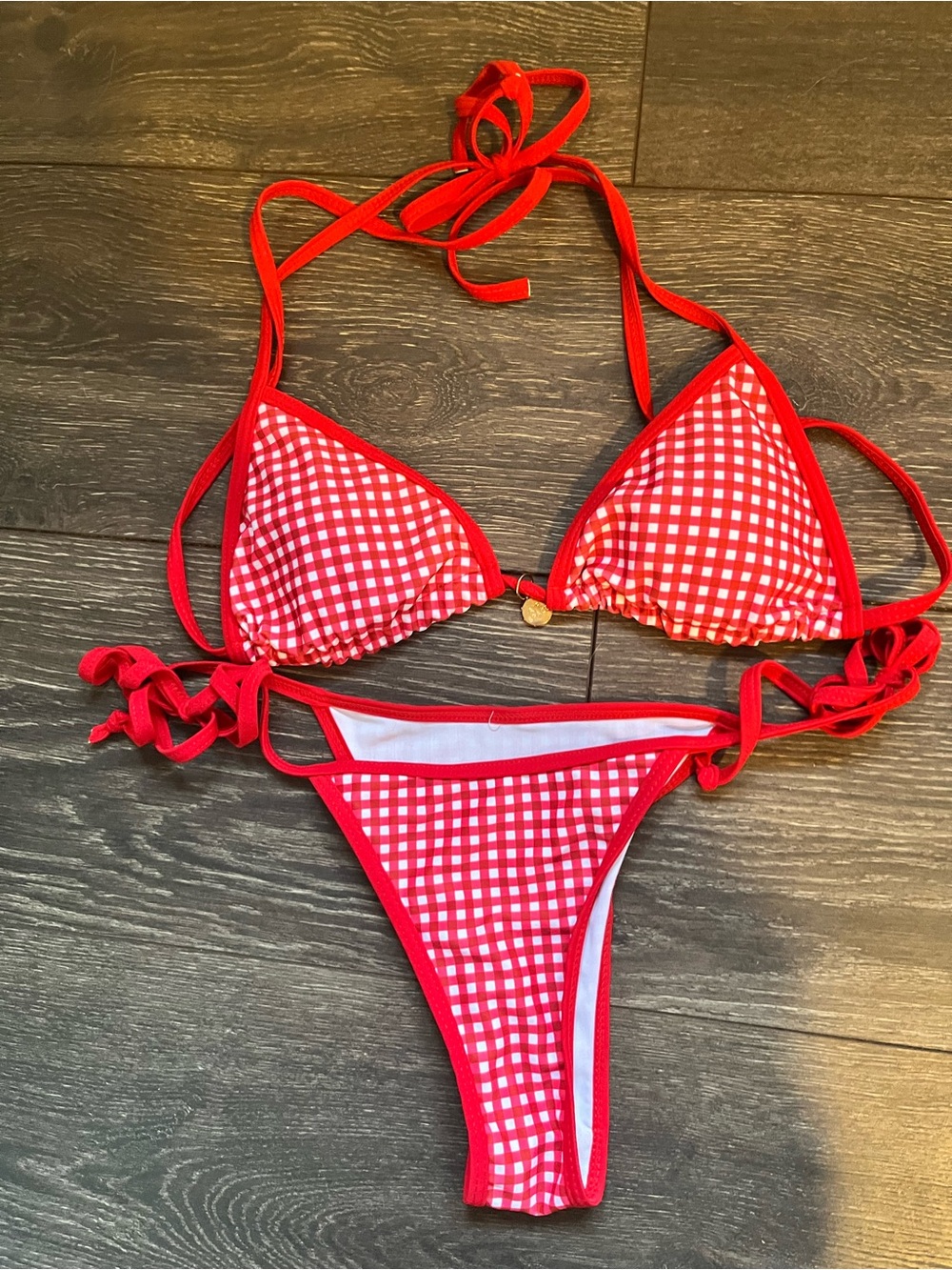 SHEIN Red Gingham Tie-Side Triangle Bikini Set